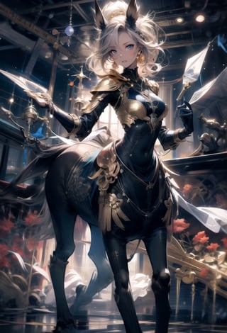 masterpiece, best quality, 
beautiful detailed eyes, 
detailed body, 
highres, 1girl, medium breasts, 
disheveled hair, round face, ponytail,
(Metal armor with golden decorations,)
fine gold embroidery,
wide shot, dynamic angle,
solo, 
(((centaur))), union of the girl's torso and the horse's body,
horse ears, two arms, four legs, 
four hooves on horse body, 
full body, detailed horse body, ,midjourney,no_humans