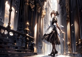 A girl wearing a classic maid outfit.
She is standing on the steps of a large mansion.