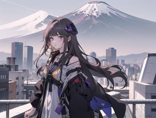 A 20-year-old woman with long black hair.
Wearing a suit that looks like a dress,
A girl is looking at the Tokyo skyline from the balcony.
A city lined with buildings.
Mt. Fuji can be seen faintly through the gap between the buildings.,hertasr,bagpipeqr