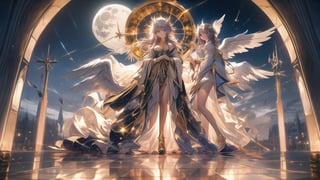 Angels, goddesses, golden embroidery, long dresses, frills,
big white wings,
Cathedral,
Stained glass,
full moon,