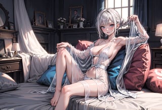 A 20-year-old woman wearing a transparent nightgown,
her boobs are visible from under her clothes
A room with a bed,
draw her whole body