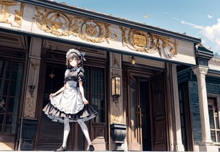 A girl wearing a classic maid outfit.
She is standing on the steps of a large mansion.