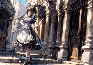 A girl wearing a classic maid outfit.
She is standing on the steps of a large mansion.