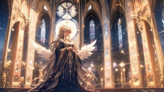 Angels, goddesses, golden embroidery, long dresses, frills,
big white wings,
Cathedral,
Stained glass,
full moon,