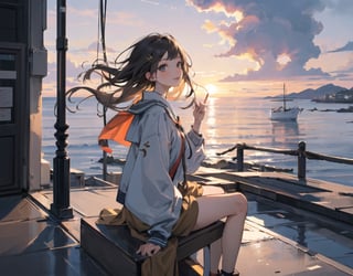 A girl sitting on the breakwater.
Her long golden hair is swaying in the wind.
She is watching the sunset over the sea.