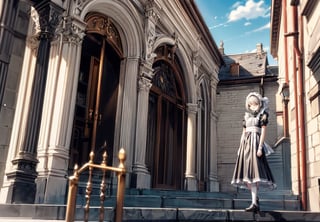 A girl wearing a classic maid outfit.
She is standing on the steps of a large mansion.