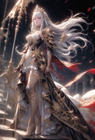 Princess knight, silver hair, tied hair,
Armor like a tiara,
gold metal glasses
Hair tousled by the wind,
white dress with red embroidery with metal,
crystal temple, stained glass,
A large and heavy sword and a heavy shield