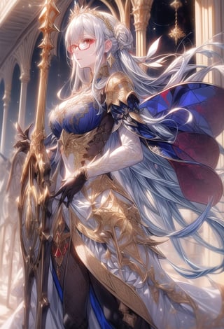 Princess knight, silver hair, tied hair,
Armor like a tiara,
gold metal glasses
Hair tousled by the wind,
white dress with red embroidery with metal,
crystal temple, stained glass,
A large and heavy sword and a heavy shield