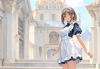 A girl wearing a classic maid outfit.
She is standing on the steps of a large mansion.