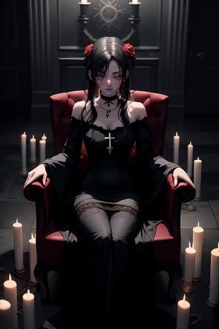 A lonely goth girl surrounded by flames and darkness. She sits in a pentagram made of roses and candles, her eyes closed and her lips parted. She wears a black dress and a choker with a cross pendant. The room is empty and dark, except for the flickering light of the candles