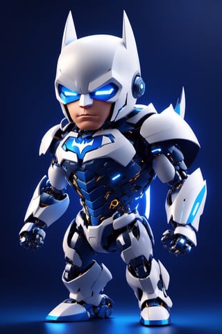 (full body) medium shot, body_marking, hi-tech cybernetic robot character of a Batman, angry expression, angry pose, futuristic, white platinum metallic line, pointy head and arms, dark background with blue neon lights, robot, 3d style, 3d, cyborg style, mecha, chibi emote style