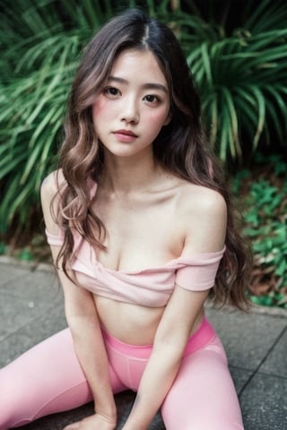 Photo of a hyperdetailed, ((Beautiful taiwan young girl with long wavy hair)), [jungle|field], Stars in the sky, soft focus, dmt, film grain, Canon RF, F/2.8, ((nsfw)), ((sexy tshirt and pink leggings)), (()), (()), (((nipslip))), 