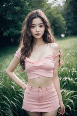 Photo of a hyperdetailed, ((Beautiful taiwan young girl with long wavy hair)), [jungle|field], Stars in the sky, soft focus, dmt, film grain, Canon RF, F/2.8, ((nsfw)), ((tshirt and pink miniskirt)), (()), (()), (((nipslip))), 