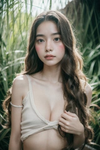 Photo of a hyperdetailed, ((Beautiful taiwan young girl with long wavy hair)), [jungle|field], Stars in the sky, soft focus, dmt, film grain, Canon RF, F/2.8, ((nsfw)), ((in bandage)), ((flat_chest)), (()), (((nipslip))), 