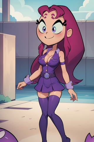 masterpiece, best quality, highres, (naked) ((starfire girl)), natural red hair , purple skirt, ((unbuttoned)) (t-shirt with buttons), purple stockings, bare shoulders, LV belt, superhero shot, hand on legs, sight smile, spread boobs,Starfire Teen Titans GO