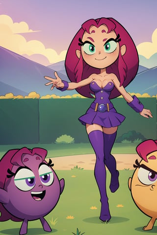 masterpiece, best quality, highres, (naked) ((starfire girl)), natural red hair , purple skirt, ((unbuttoned)) (t-shirt with buttons), purple stockings, bare shoulders, LV belt, superhero shot, hand on legs, sight smile, spread boobs,Starfire Teen Titans GO