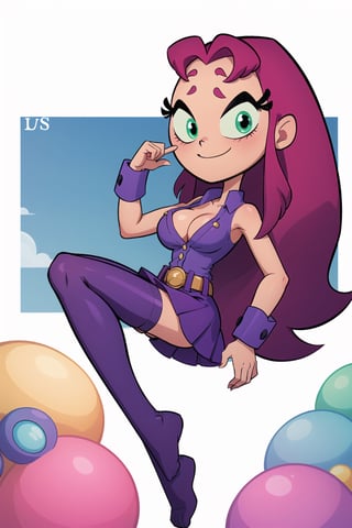 masterpiece, best quality, highres, (naked) ((starfire girl)), natural red hair , purple skirt, ((unbuttoned)) (t-shirt with buttons), purple stockings, bare shoulders, LV belt, superhero shot, hand on legs, sight smile, spread boobs,Starfire Teen Titans GO