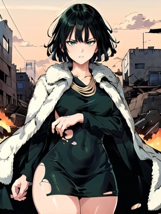 1 girl, fubuki, solo, green eyes, short hair, cowboy shot, dress, fur trim, (torn clothing: 1.5) jewelry, pouting expression, thick thighs, (masterpiece:1.3), (vibrant:1.2) , best quality, cinematic
, flying, destroyed city, wind, powers