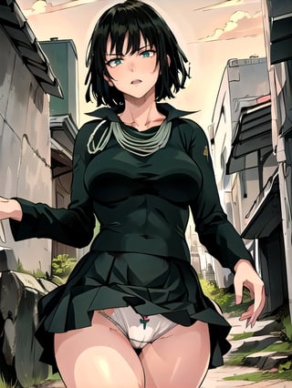 1 girl, fubuki, alone, green eyes, short hair, cowboy shot, dress, (hiking up her skirt, showing white underwear : 1.5) jewelry, sorrowful expression, thick thighs, (masterpiece:1.3), (vibrant :1.2), best quality,
,city alley at night, headlight light,