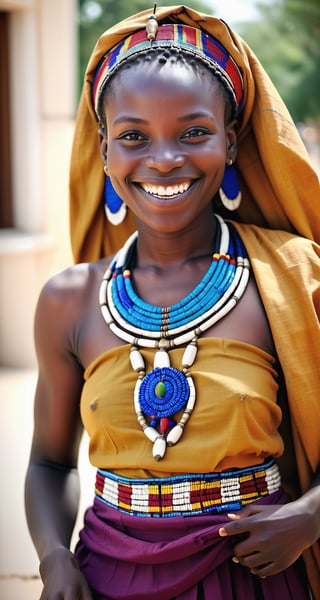 masterpiece, a RAW full body shot photography of a 19yo pretty girl from Mali wearing traditional clothing, smiling at viewer, 8k, fine detail, intricate detail, depth of field, highres,skirtlift