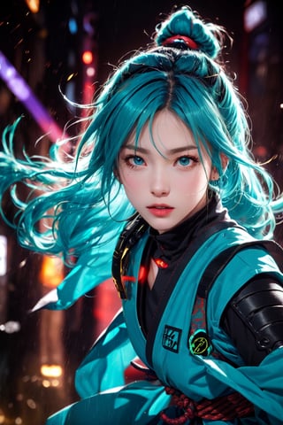 a Japanese ninja warrior girl, long cyan hair, ready to attack, high quality, high resolution, high precision, realism, color correction, proper lighting settings, harmonious composition.