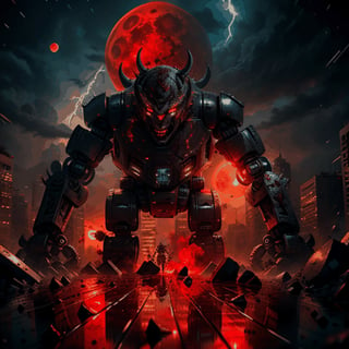 A monster in city,  ((robotic monster))), flash of lightning, night, red moon, blood moon, blood on floor, destroyed city, rain,