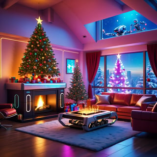 Future Christmas, Christmas, interior, house, realistic, fireplace, tree, presents, ornaments, lights, sofa, rug, (hologram),( robots),  poster,more detail XL,cyberpunk style