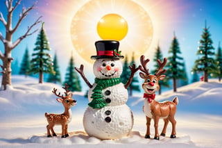 A humorous Christmas scene with a snowman, a reindeer, and a Santa hat. The snowman is in the center of the image, wearing a red and white Santa hat, as well as a green bow tie and vest. He has a silly grin on his face and is holding a miniature Christmas tree. The reindeer is standing next to the snowman, with a confused expression on its face as to what is happening. In the background, there are snow-covered trees and a bright yellow sun. The overall scene is light-hearted and quirky, adding a playful twist to the traditional Christmas imagery. 