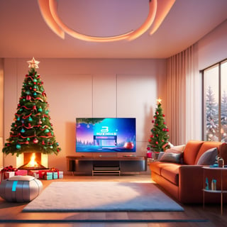 A realistic Christmas-themed interior drawing showcasing both the present and the future. The image showcases a cozy living room with a fireplace, a Christmas tree, and a comfortable sofa. The top of the tree has traditional ornaments, while the lower branches have futuristic presents wrapped in shiny paper. On the sofa lies a decorative rug, and in front of it sits a modern TV.  In the near future, the concept of VR and hologram becomes dominant for both interior and entertainment. A robotic butler can be seen delivering a gift bag while the fireplace is augmented to a more sustainable version. A poster and image projection display futuristic themes such as flying cars and other entertainment that people can enjoy with VR devices. The whole scene is bright and inviting, with a mix of traditional and modern- futuristic decor, cyberpunk style,cyberpunk style,cyberpunk,Extremely Realistic