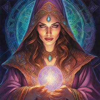 portrait of a beautiful spell caster woman - in the style of 2.5D game Cover, (oil-based color pencil drawing with detailed Hatching and white highlights, rim light) detailed hands, 