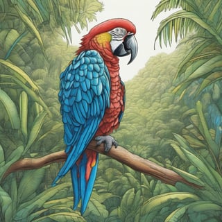 (((Illustration made with oil-based color pencils and hatching))) 

((one single parrot)) sitting on a branch in the jungle. Blue sky background
