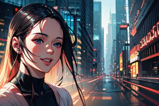 (4k), (masterpiece), (best quality), (extremely intricate), (realistic manga art anime), (sharp focus), (cinematic lighting), (extremely detailed), sci-fi theme, synth-wave, cyberpunk

1girl, smile

Backgound, vibrant cyberpunk city, in the style of Sam Yang