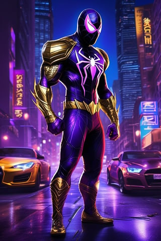 full body of a supervillain on a city street, wearing a Spiderman armor, purple and black colorful suit and supernatural muscle, official HDR artwork, poison, extremely detailed art germ, golden mask, his arms behind his back , violet spiders, artist's interpretation, HD, neon, night city