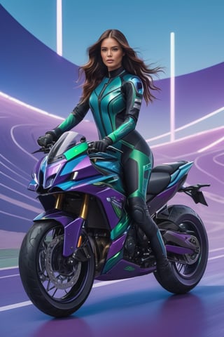 A very beautiful woman is depicted in a realistic full-length portrait, riding an off-road motorcycle against a blue sky and a race track in the background, with a blue-green gradient. The photographic representation shows a high-end wetsuit adorned with iridescent details and neon edges. The composition prioritizes clean colors, avoids duplicate images, and aligns with Twitch TV’s aesthetic. The image features cinematic quality and 16K resolution, features a purple checkerboard pattern and a focused facial expression, reminiscent of a trading card illustration.