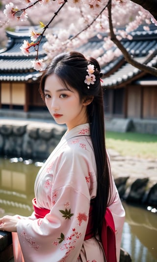 Amidst the abundant charm of spring, there is an 18 year old girl standing gently under the blooming cherry trees in the city of Kyoto, Japan. Its presence is like a living tribute to the beauty of nature. This girl was wearing a traditional kimono that was soft pink with a cherry blossom pattern that matched the background. Her long black hair flowed so beautifully, as if it were a calm and deep river of darkness. A strand of cherry blossoms descended from her flowing hair, adding a touch of elegance and serenity to the moment. Her sparkling eyes were like clear water, reflecting the charming magic of spring. The girl was standing on a bamboo mat located under a cherry tree, holding a half-open bamboo fan, creating a cool breeze that waved around her. In his hand, there was a glass cup filled with hot green tea, with gentle steam floating above it. The background was a neat Japanese garden, with an arch-shaped bridge made of wood that crossed a calm river. In the river, colorful koi fish swim gracefully under the clear surface of the water. The evening sunlight highlights the flowering cherry trees, creating dazzling reddish colors and giving a sense of warmth to the entire scene.