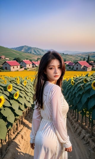 In the midst of unspoiled natural beauty, there is a village girl standing on the edge of a hill. Her long hair fluttered gently in the evening breeze, while her white dress fluttered gently. The village girl's eyes were full of admiration, as she witnessed a magnificent sunset.

This sunset view is an amazing creation of nature. The sky, which was originally bright and blue, had now turned into a mixture of magenta, orange, and purple colors. The rosy sun began to sink behind the hill, releasing golden rays that played a game of light between the trees and houses in the small village below.

The village itself is a picture of tranquility and simple rural life. The houses are made of neatly arranged stones, with red roofs highlighting the local architectural characteristics. Small roads wind through the village, and there is a bustling life all around. Some villagers took a leisurely walk, while others returned to their homes after a day's work in the fields or plantations.

In the background, green hills with vineyards and fields of sunflowers stretch as far as the eye can see. The head of the hills looked like a cluster of green islands in the middle of a golden ocean caused by the setting sun. There is a sense of peace and happiness that radiates from this view.

The village girl herself looks like an inseparable part of nature and her village. He stood with an expectant look, while the sunset glowed softly on his face. The expression on her face reflects awe, beauty, and a deep sense of connection with nature.