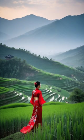 In the warm evening light, there was an 18 year old girl standing on the edge of a vast green expanse in rural China. The sun was starting to set behind the hills in the distance, emitting a golden yellow color, creating a beautiful silhouette that surrounded the girl. This girl had long black hair that flowed gently with the gentle breeze, creating a beautiful shadow on her face that was full of an expression of wisdom and elegance.

She wore a traditional Chinese dress made of silk with a delicate floral motif, providing a colorful touch amidst the shady green expanse. In his hand, he held a red Chinese umbrella, as if ready to embark on a journey amidst the tranquil nature. Around him, lush green fields could be seen, with rice plants towering under the sun. In the distance, a river flowed peacefully, creating a clear reflection of the colorful evening sky. Several ducks swimming in the river add a lively touch to this scene. The girl is also surrounded by towering bamboo trees, creating a unique texture in the background. Above the skylight, seagulls flew in a V formation, adding a dramatic element to the picture. However, what stood out the most were the girl's eyes; her bright, inquisitive brown eyes reflect the depth of spirit and profound cultural richness of rural China. This moment is a portrait of natural beauty and cultural elegance combining themselves into one stunning whole.