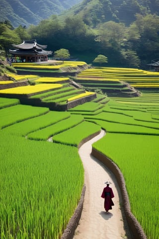 You're in the middle of the beautiful Korean countryside, under clear, sunny blue skies, with green mountains towering in the distance. The sun was shining brightly, reflecting its rays over the neatly arranged green rice fields, giving a golden glow to the rice fields that swayed gently in the gentle breeze. These rice fields are like a sea of gold that swirls around, creating a hypnotic play of light. Along the edge of the rice fields, there is a path made of small stones arranged neatly. This road crosses rice fields and takes you towards a small village located on the mountainside. Large trees with dense green leaves provide coolness and shade along the road, creating a soothing green corridor. This small village is filled with traditional Korean houses made of wood with dark brown tile roofs. Each house has a small garden in front filled with colorful flowers, such as plum blossoms, cherry blossoms, and jasmine. There is also a small bridge connecting the village to the vegetable plantation area, which is filled with plants such as radishes, daikon and red chilies that gleam in the sun. You can see friendly villagers wearing traditional Korean clothing, hanbok, doing their activities around the village. Some of them are busy with agricultural work, while others sit together under shady trees, enjoying traditional Korean green tea.In the distance, you can see a magnificent ancient temple, with colorful terraced roofs and a huge Buddha statue. This temple is the center of the spiritual life of the local community, and you can see groups of pilgrims who come to meditate and pray.4k,8k