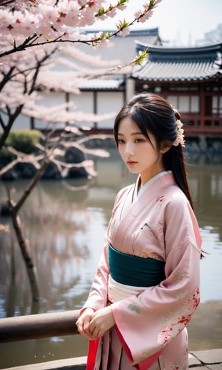 Amidst the abundant charm of spring, there is an 18 year old girl standing gently under the blooming cherry trees in the city of Kyoto, Japan. Its presence is like a living tribute to the beauty of nature. This girl was wearing a traditional kimono that was soft pink with a cherry blossom pattern that matched the background. Her long black hair flowed so beautifully, as if it were a calm and deep river of darkness. A strand of cherry blossoms descended from her flowing hair, adding a touch of elegance and serenity to the moment. Her sparkling eyes were like clear water, reflecting the charming magic of spring. The girl was standing on a bamboo mat located under a cherry tree, holding a half-open bamboo fan, creating a cool breeze that waved around her. In his hand, there was a glass cup filled with hot green tea, with gentle steam floating above it. The background was a neat Japanese garden, with an arch-shaped bridge made of wood that crossed a calm river. In the river, colorful koi fish swim gracefully under the clear surface of the water. The evening sunlight highlights the flowering cherry trees, creating dazzling reddish colors and giving a sense of warmth to the entire scene.