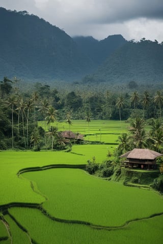 Imagine you are standing in the middle of the calm and beautiful Indonesian countryside. Around you are green rice fields stretching as far as the eye can see, depicting the farmer's life that is so typical here. The lush growing rice provides a deep green nuance. Behind the rice fields, you can see towering mountains, covered by lush tropical forests.

The sky is clear blue with white clouds moving slowly above your head. Beneath the sky, a group of traditional Javanese houses stands majestically with tapering thatched roofs. The bright and natural colors show the friendliness of the villagers who live a simple life.

Along the winding paths, you see village children playing happily, while wearing typical traditional clothes. They smiled happily, and looked happy in their togetherness.