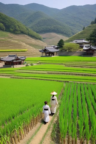 You're in the middle of the beautiful Korean countryside, under clear, sunny blue skies, with green mountains towering in the distance. The sun was shining brightly, reflecting its rays over the neatly arranged green rice fields, giving a golden glow to the rice fields that swayed gently in the gentle breeze. These rice fields are like a sea of gold that swirls around, creating a hypnotic play of light. Along the edge of the rice fields, there is a path made of small stones arranged neatly. This road crosses rice fields and takes you towards a small village located on the mountainside. Large trees with dense green leaves provide coolness and shade along the road, creating a soothing green corridor. This small village is filled with traditional Korean houses made of wood with dark brown tile roofs. Each house has a small garden in front filled with colorful flowers, such as plum blossoms, cherry blossoms, and jasmine. There is also a small bridge connecting the village to the vegetable plantation area, which is filled with plants such as radishes, daikon and red chilies that gleam in the sun. You can see friendly villagers wearing traditional Korean clothing, hanbok, doing their activities around the village. Some of them are busy with agricultural work, while others sit together under shady trees, enjoying traditional Korean green tea.In the distance, you can see a magnificent ancient temple, with colorful terraced roofs and a huge Buddha statue. This temple is the center of the spiritual life of the local community, and you can see groups of pilgrims who come to meditate and pray.4k,8k,korean girl