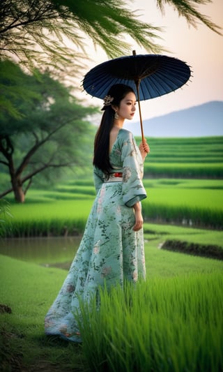 In the warm evening light, there was an 18 year old girl standing on the edge of a vast green expanse in rural China. The sun was starting to set behind the hills in the distance, emitting a golden yellow color, creating a beautiful silhouette that surrounded the girl. This girl had long black hair that flowed gently with the gentle breeze, creating a beautiful shadow on her face that was full of an expression of wisdom and elegance.

She wore a traditional Chinese dress made of silk with a delicate floral motif, providing a colorful touch amidst the shady green expanse. In his hand, he held a red Chinese umbrella, as if ready to embark on a journey amidst the tranquil nature. Around him, lush green fields could be seen, with rice plants towering under the sun. In the distance, a river flowed peacefully, creating a clear reflection of the colorful evening sky. Several ducks swimming in the river add a lively touch to this scene. The girl is also surrounded by towering bamboo trees, creating a unique texture in the background. Above the skylight, seagulls flew in a V formation, adding a dramatic element to the picture. However, what stood out the most were the girl's eyes; her bright, inquisitive brown eyes reflect the depth of spirit and profound cultural richness of rural China. This moment is a portrait of natural beauty and cultural elegance combining themselves into one stunning whole.