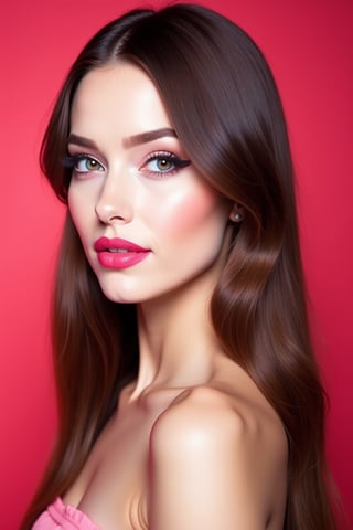 




pretty woman, sleek straight hair, abstract red pink background, glossy makeup, glossy pink lips, white skin, long hair, colorful eyes