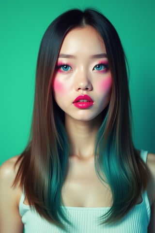 




pretty woman, sleek straight hair, abstract green blue background, glossy makeup, glossy pink lips, white skin, long hair, colorful eyes