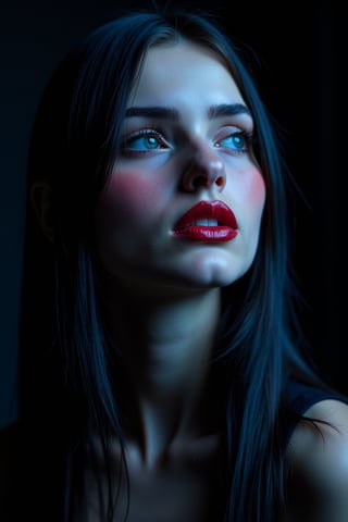 




pretty woman, graphics interesting creative effect, black dark blue theme, light skin, red cheeks, , pink lips, glossy shiny reflective lips, long straight hair, looking aside