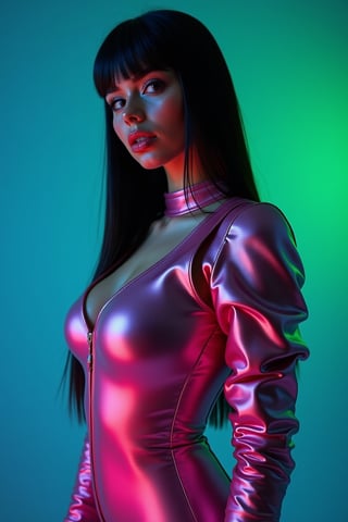 




pretty woman, graphics interesting creative effect, blue green dark theme, light skin, red cheeks, pale pink glossy lips, long straight hair, looking aside, glossy skin, pumpy face fat, waist-up shot, reflective pink metallic catsuit, full body