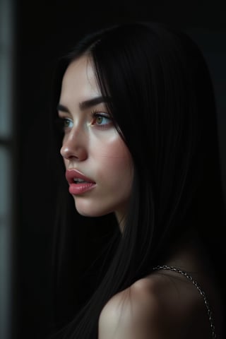 




pretty woman, graphics interesting creative effect, black dark color theme, white skin, , , , glossy pink lips, long straight hair, looking aside