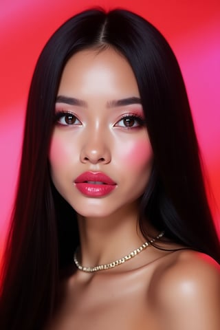 




pretty woman, sleek straight hair, abstract red pink background, glossy makeup, glossy pink lips, white skin, long black hair, colorful eyes