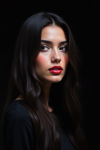 




pretty woman, graphics interesting creative effect, black dark color theme, light skin, red cheeks, , pink lips, glossy shiny reflective lips, long straight hair, looking aside