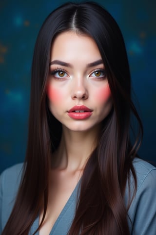 




pretty woman, sleek straight hair, abstract dark blue background, glossy makeup, glossy pink lips, white skin, long hair, colorful eyes, red cheeks